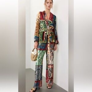 Sfizio Women's Patchwork Print Velvet Stretch Lounge Pant Trousers Pockets Sz XS